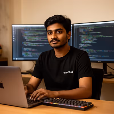 ML engineer in Bengaluru wearing an Overfitted t-shirt at his workstation
