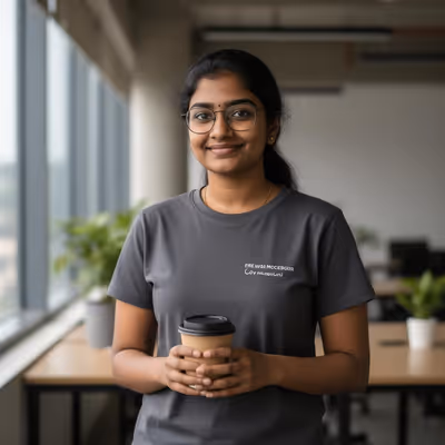 Data scientist in a co-working space wearing an Overfitted t-shirt