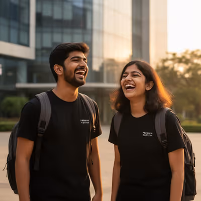 Two AI engineers outside a tech office wearing Overfitted t-shirts at golden hour